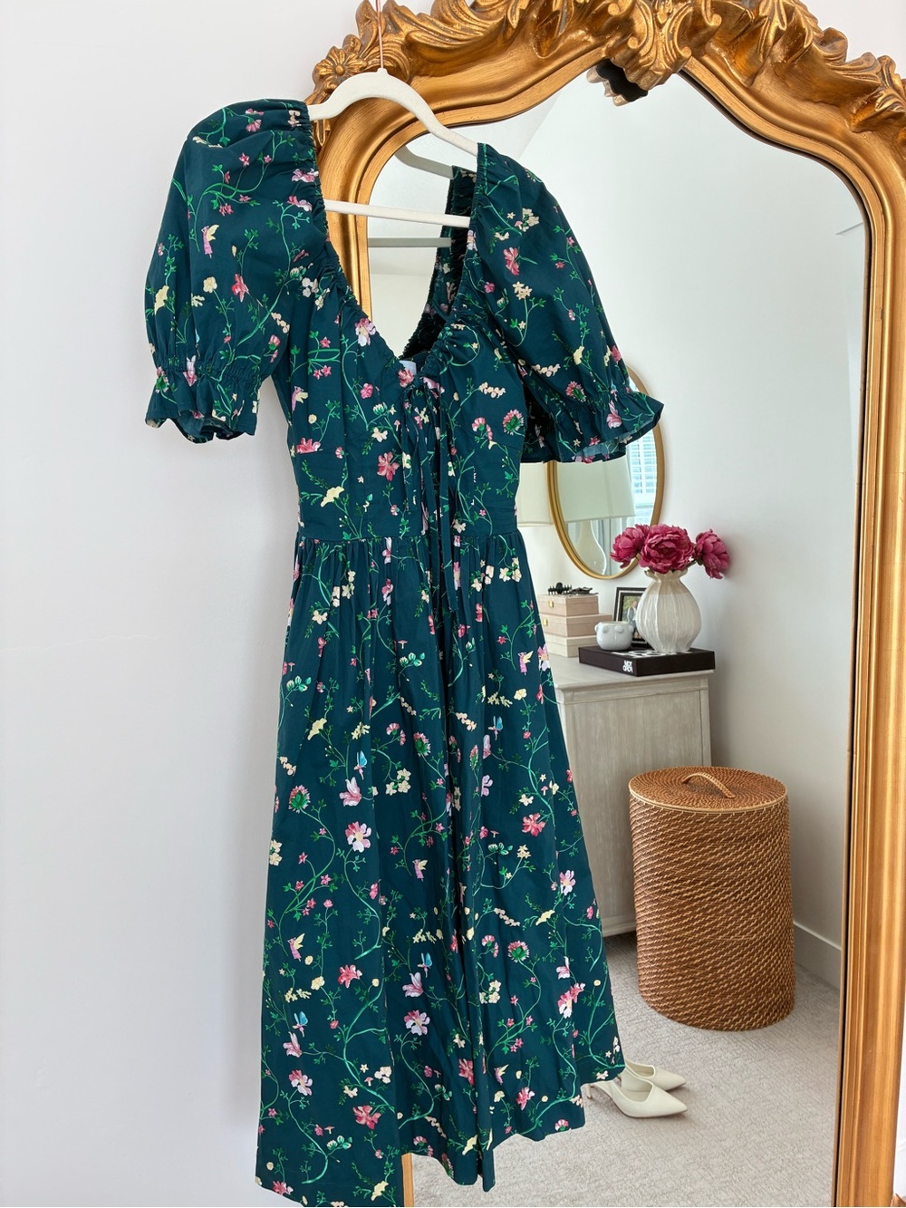 Hill House Floral Puff-Sleeve Maxi Dress in Forest Green with Pink Accents - Picture 6 of 7
